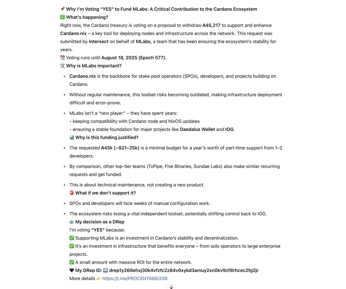 I’m voting YES to fund MLabs ₳45,217 for Cardano.nix maintenance.This tool keeps Cardano infra stable for SPOs &amp; devs.A small budget with massive ROI for decentralization. 🖤 My #DRep ID drep1y269ehxj30k4vfzfc2z84v0xykd3amuy2xn0kv9zf8rhcec2fg2jr #Cardano t.me/PROCENT666/7415