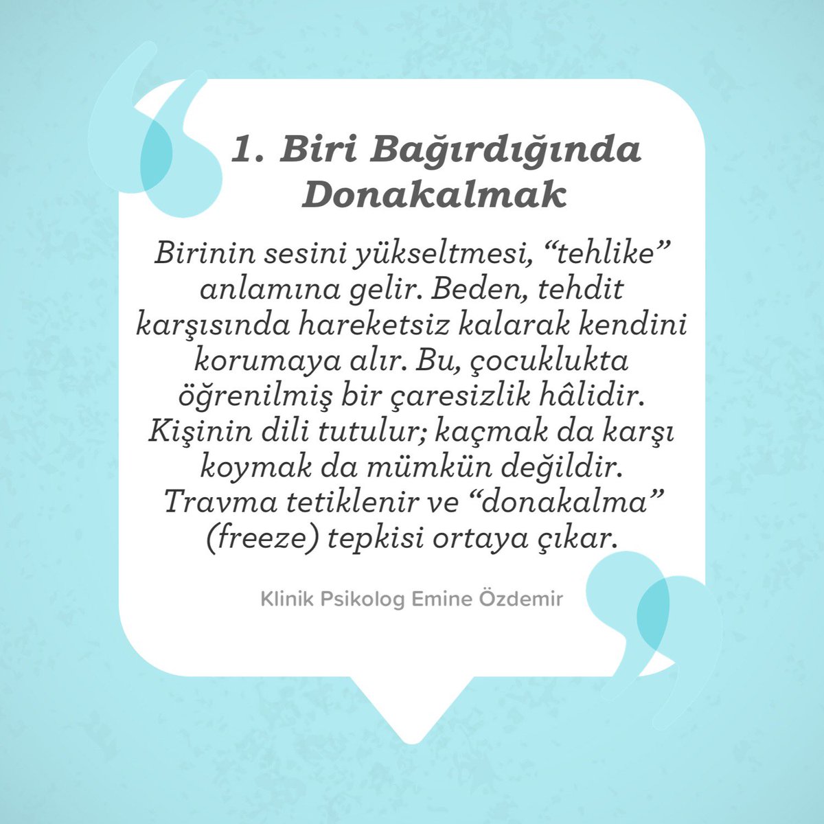 PskEmineOzdemir's tweet photo. Travma bazen günlük davranışlarımızdaki sessiz tepkilerle kendini gösterir. 

Hangi tepki olursa olsun travma tepkilerinin temel amacı, bizi hem bedensel hem de duygusal olarak korumaktır. Bu tepkilerin bir kısmı otomatik, bir kısmı ise zamanla öğrenilmiştir. Ancak hepsinin ortak noktası, değiştirilebilir olmalarıdır. 

İlk adım, bu tepkileri fark etmektir. Sonraki adım ise onları dönüştürmektir. 

İyi haber şu ki: “Nöroplastisite” sayesinde beyin yeni yollar öğrenebilir. Yani değişim her zaman mümkündür.