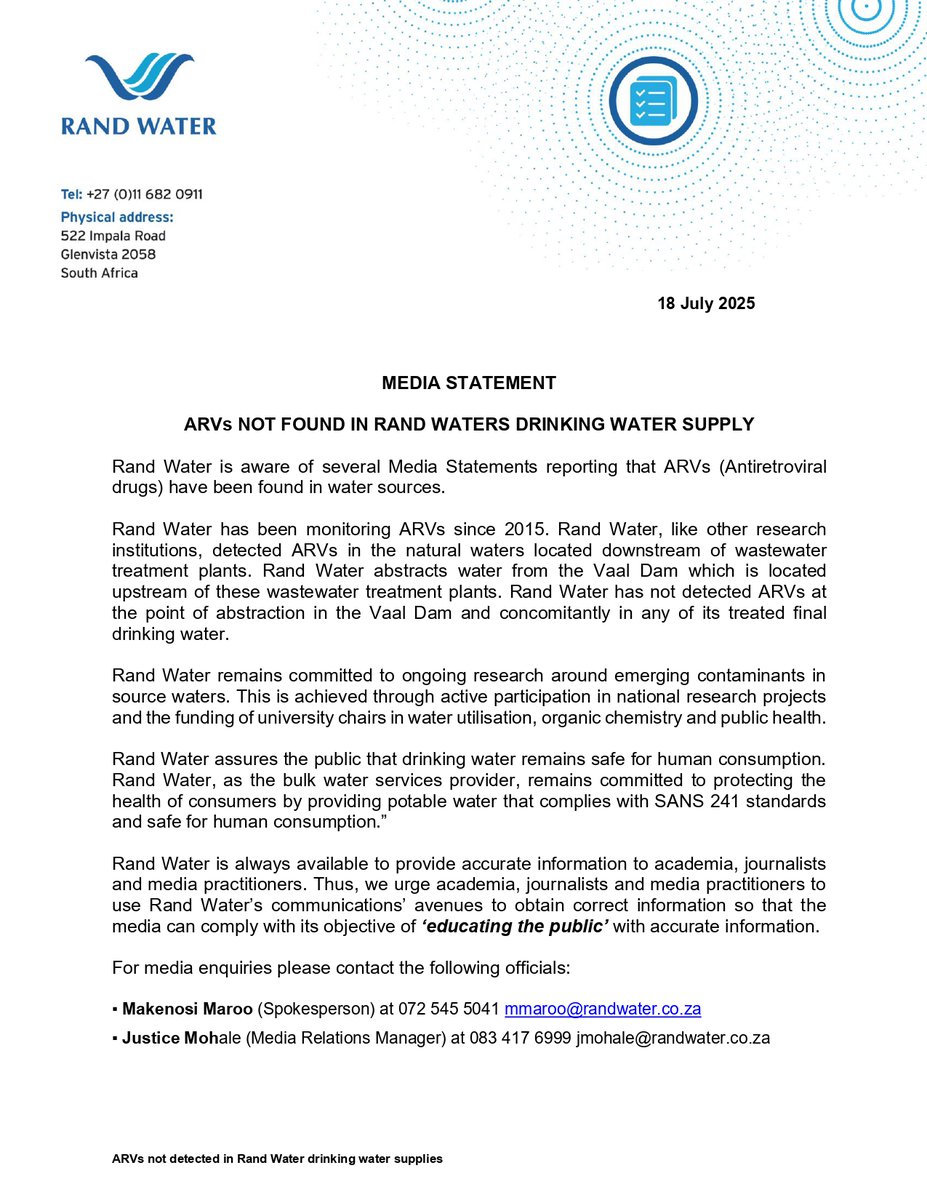 Rand_Water's tweet photo. 🚨Media Statement🚨
ARVs Not Found in Rand Water’s Drinking Water Supply. 

#RWWaterQuality 
#RWWaterSustainability
#RWWaterSupply
#RWWaterDemandManagement
[NS] https://t.co/oEH4VWO2vB