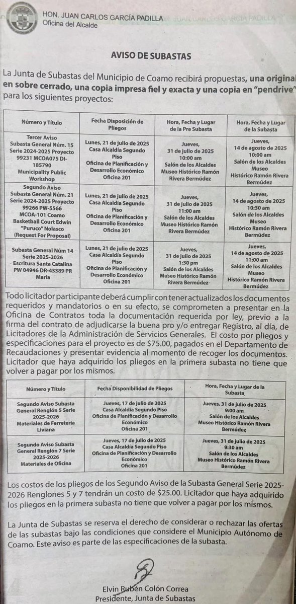 Subasta Pública; Reconstrucción del; Coliseo Coamo, Garaje Obras Públicas Municipal <a href="/AGCPRChapter/">Asociación de Contratistas</a>