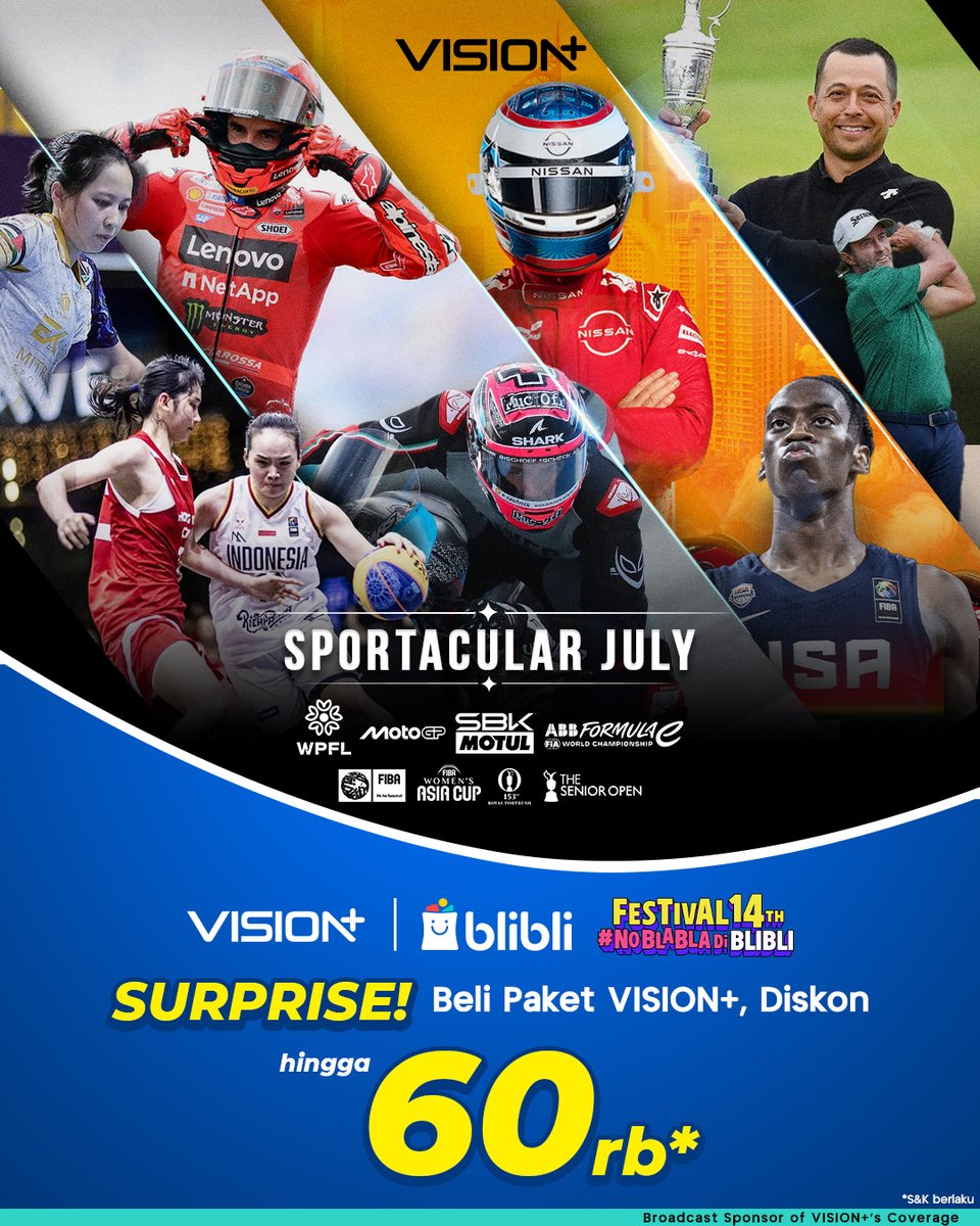 Nikmati deretan aksi olahraga dunia: MotoGP, Formula E, FIBA Women’s Asia Cup, WPFL, dan masih banyak lagi! 🏀🏍️⛳

Streaming semuanya di VISION+ dan dapatkan diskon hingga 60rb di Blibli! Spesial Festival 14th Blibli di: visionplus.link/blibli🥳🥳

#VisionPlus #StreamingIniItu