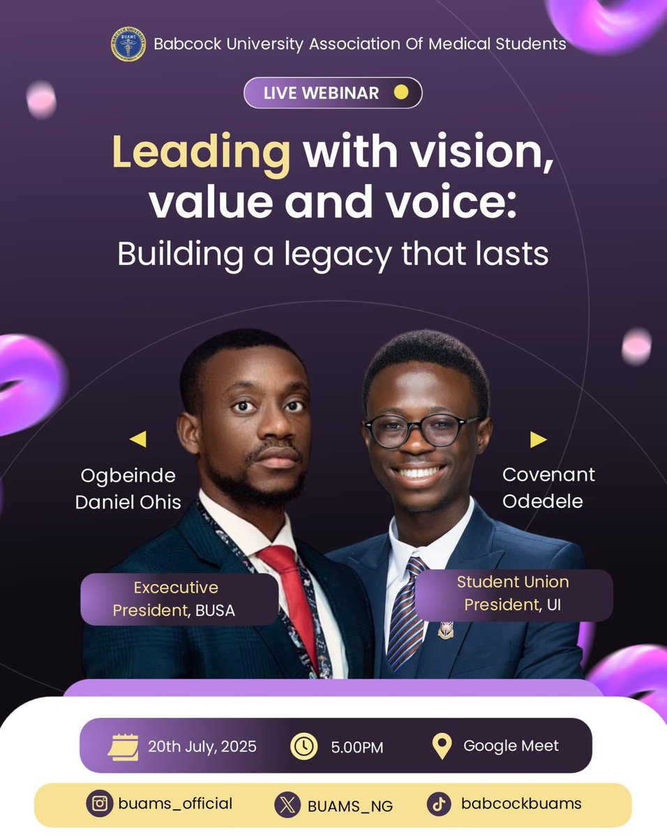 BUAMS_NG's tweet image. ๐ 100 Days in Office!
BUAMS is marking this milestone with a LIVE WEBINAR open to all members! ๐โจ
๐๏ธ Featuring TWO brilliant speakers
๐๏ธ Save the date
๐ก Donโt miss this chance to learn, connect, and celebrate with us!
#BUAMS #MedicalStudents #Webinar #100Days #Leadership