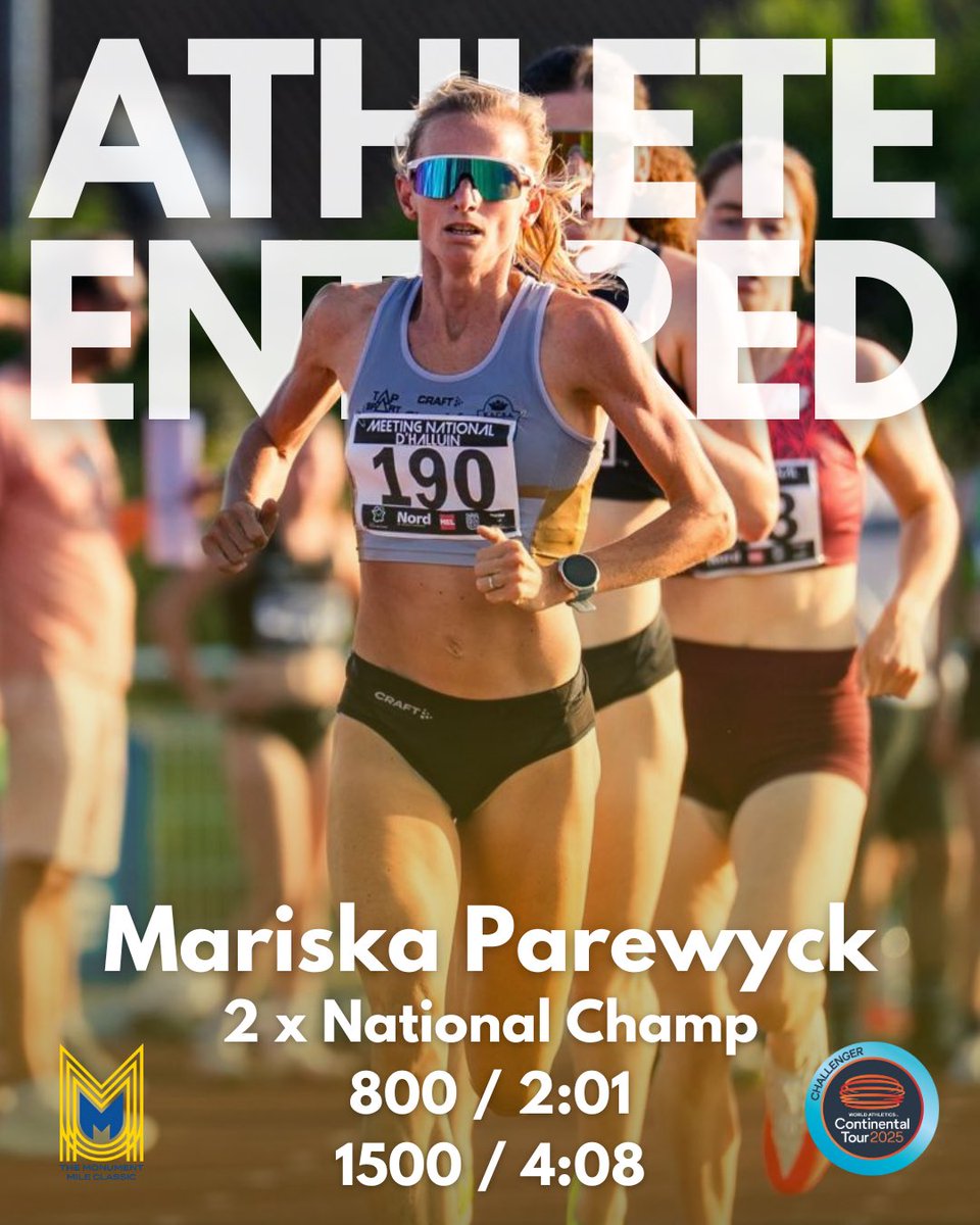 We are delighted to welcome Mariska Parewyck of Belgium to our start line. 

Mariska is a 2 x National Champion, and holds PBs of 2:01 for 800m and 4:08 for 1500m.

Welcome Mariska 🤝

Bring the Flames 🔥

#mile #trackmile #trackandfield