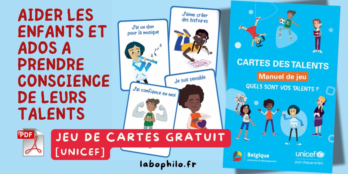 💬 « Qu’est-ce que je fais bien ? Qu’est-ce qui me rend unique ? »
🃏 Découvrez ce jeu de cartes proposé par <a href="/UNICEFBELGIQUE/">UNICEF Belgique | 💙</a>
➡️ Objectif : aider les jeunes à prendre conscience de leurs talents, à nommer leurs forces et à valoriser celles des autres. 
🔗 labophilo.fr/2025/06/03/jeu…