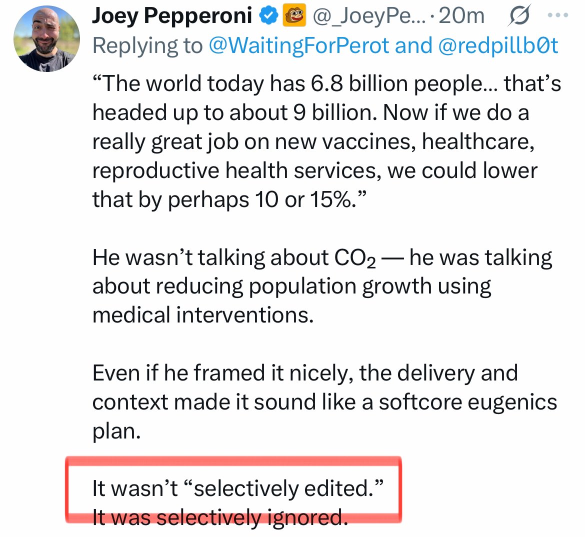 WaitingForPerot's tweet image. Oh, the irony:
• posts selectivity edited Gates’ quote
• claims it wasn’t selectivity edited
These ppl. JFC. 🤦🏻♂️