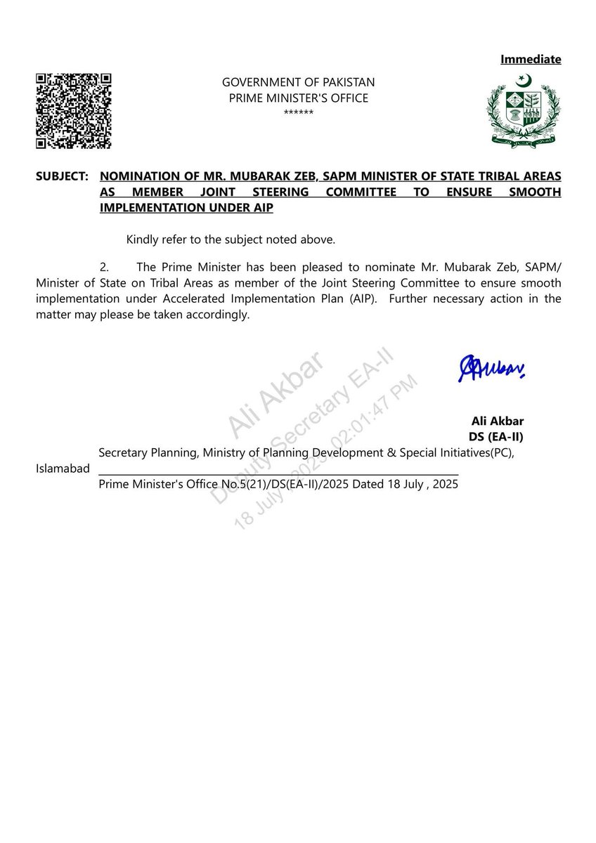 سٹیٹ منسٹر ایم این اے مبارک زیب خان کو وزیراعظم اسلامی جمہوریہ پاکستان نے اے آئی پی  کیلئے پہلے سے منقعدہ کمیٹی میں شامل کردیا جس میں ایکس فاٹا کیلے ترقیاتی کاموں کیلئے فنڈز کے وصولی میں مدد ملینگے انشاء اللہ ۔
✌️✌️✌️