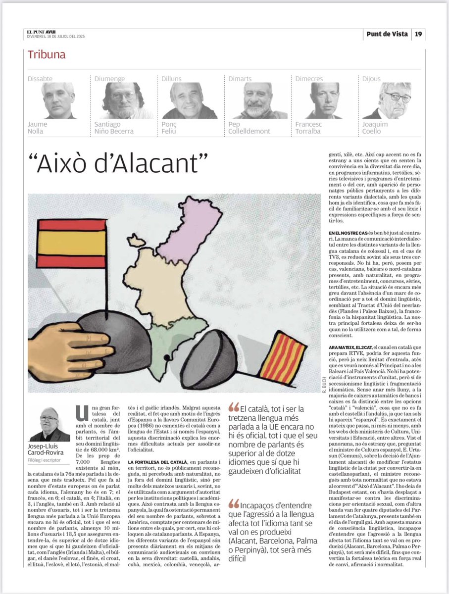 El meu article d’avui a <a href="/elpuntavui/">El Punt Avui 🎗️</a>. Els atacs a la llengua, tant de val on es produeixin, afecten tota la llengua en el seu conjunt. La manca de comunicació interdialectal és un dels problemes del català, a diferencia de l’espanyol.