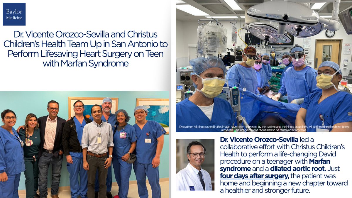BCM_Surgery (@bcm_surgery) on Twitter photo In San Antonio, Dr. Vicente Orozco-Sevilla, <a href="/victorbauher/">Victor Bautista-Hernandez, MD, PhD, FEBCTS.</a> and Christus Children’s Health performed a lifesaving David procedure on a teen with Marfan syndrome and a dilated aortic root. Just four days later, the patient is home and healing.
#Marfan #SanAntonio #aortic In San Antonio, Dr. Vicente Orozco-Sevilla, <a href="/victorbauher/">Victor Bautista-Hernandez, MD, PhD, FEBCTS.</a> and Christus Children’s Health performed a lifesaving David procedure on a teen with Marfan syndrome and a dilated aortic root. Just four days later, the patient is home and healing.
#Marfan #SanAntonio #aortic