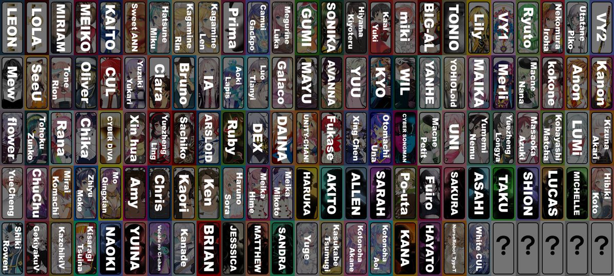 【全世界一般向けボーカロイド一覧表、2025年7月18日更新】  

ボーカロイドのキャラクターとして一般発売された順。

但し、ギャラ子は無料配布時期。
中国音源の悦成(YueCheng)と楚楚(ChuChu)は音源完成発表時期。[？]は空欄。
  
現在120人。

前回からの更新はリポスト参照。