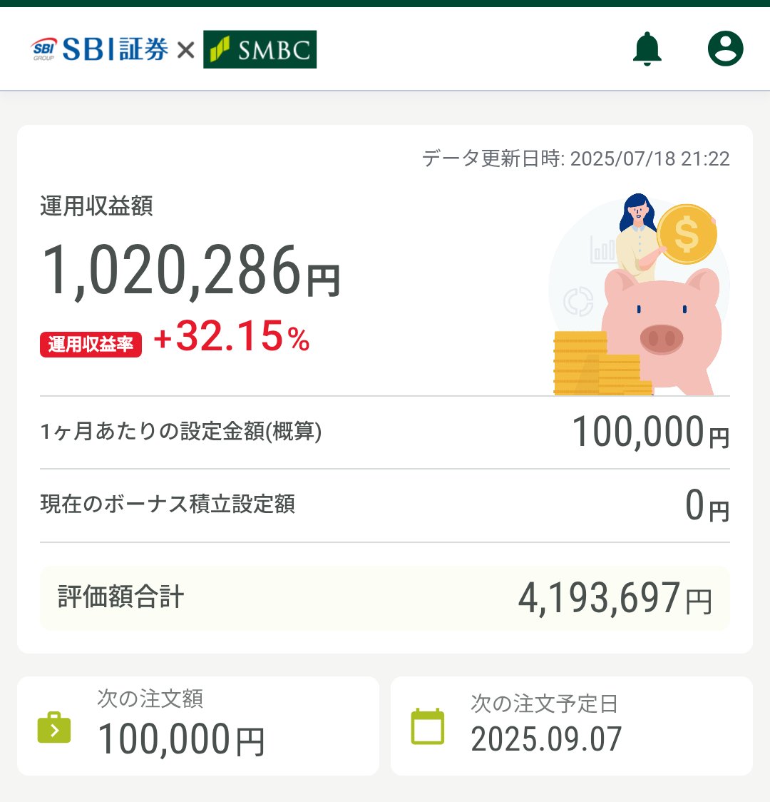 NISAの方もちょうど今日で運用収益額100万円超えてた✨️ #三井住友銀行 #三井住友カード #Olive #SBI証券 #NISA