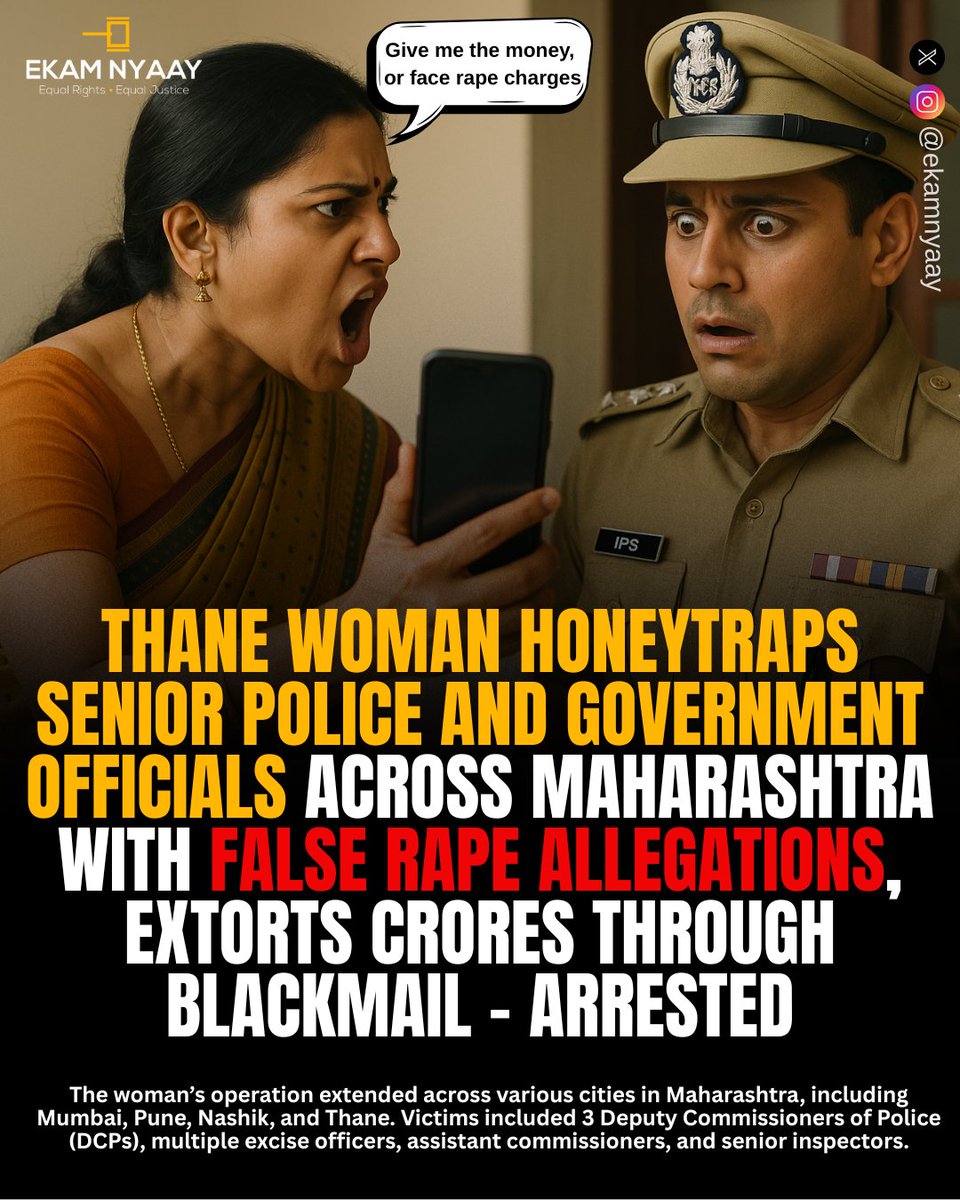 ekamnyaay's tweet image. ▪In Thane, Maharashtra, a woman has been arrested for running a honey trap racket through which she extorted crores of rupees from senior police officers and government officials by threatening them with false rape charges.

▪The woman had previously been arrested in 2016 for