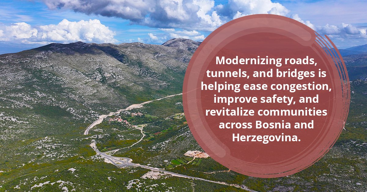 WorldBankECA's tweet image. Why are the @WorldBank and @EIB investing in modernizing roads, tunnels, and bridges across Bosnia and Herzegovina?
🚘 Reduce congestion
⚠️ Improve road safety
🏘️ Revitalize communities
📈 Boost regional trade
Learn more: wrld.bg/L9TY50WrN03
