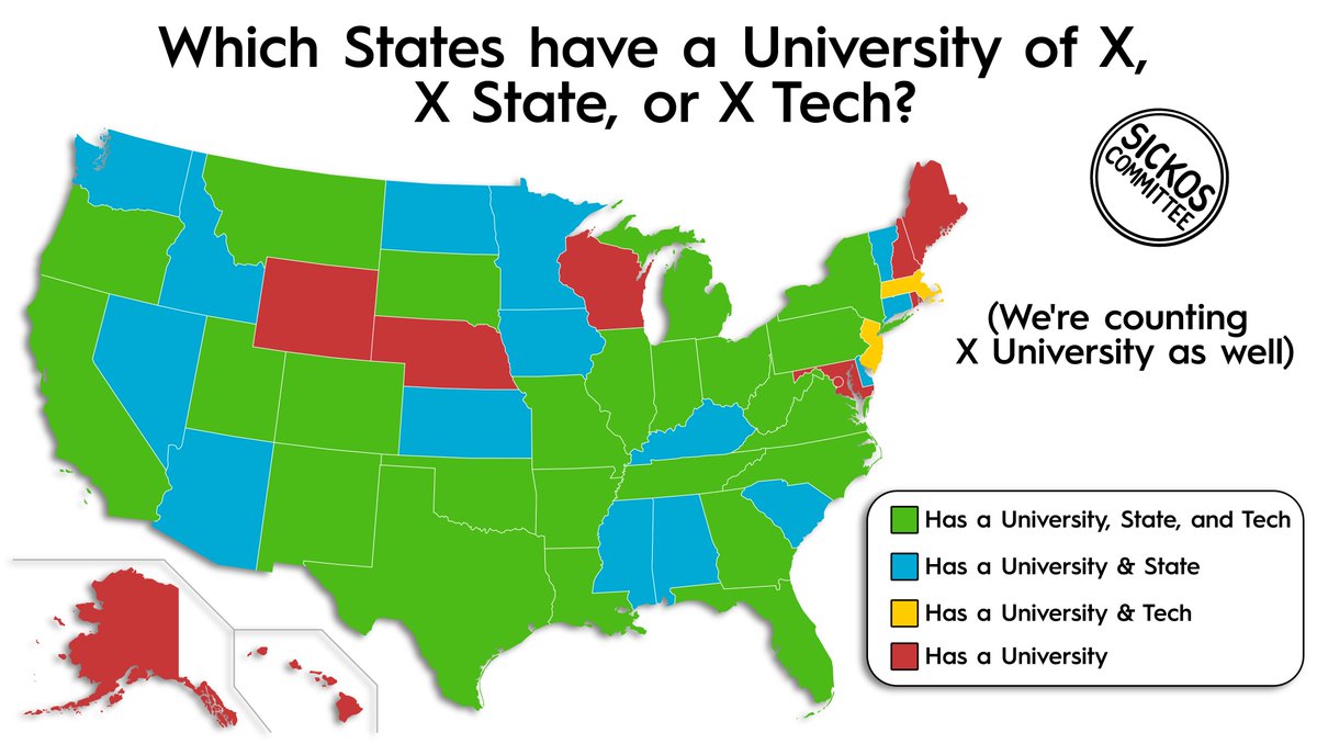 SickosCommittee's tweet photo. Does your state have a University of X, X State, or X Tech? Find out below!

(I had to make some arbitrary decisions, so yell at me in the comments if I messed something up.) https://t.co/g536IHrf59