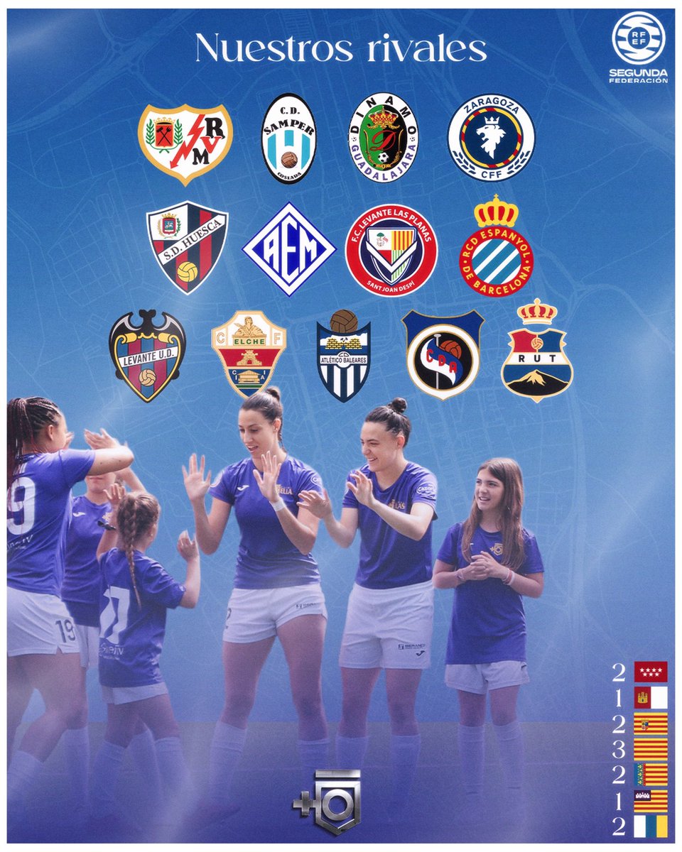 ¡Ya conocemos a nuestros rivales para el debut en 2ªRFEF!

👋¡Hola!:
<a href="/FundRayoFem/">Rayo Femenino</a> 
<a href="/cdsamper/">C.D. Samper</a> 
<a href="/DinamoGOficial/">Dinamo Guadalajara</a> 
<a href="/ZaragozaCFF/">𝗭𝗮𝗿𝗮𝗴𝗼𝘇𝗮𝗖𝗙𝗙</a> 
<a href="/SDHuescaFem/">SDHuesca Femenino</a> 
<a href="/RCDEFemeni/">RCD Espanyol Femení</a> 
<a href="/LUDfemenino/">Levante UD Femenino</a> 
<a href="/ElcheCFF/">Elche CFF 🌴</a> 
<a href="/ATBFem/">Balears FC</a> 
@cdargualfem
<a href="/RUTFem_oficial/">Real Unión Tenerife Santa Cruz</a>