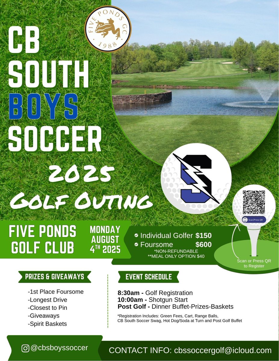 Hey <a href="/CBSouthHS/">CB South</a> come on out and support the CB South Boys Soccer Team at their golf outing on August 4. Please see information below! #ROW #CBSouthAthletics