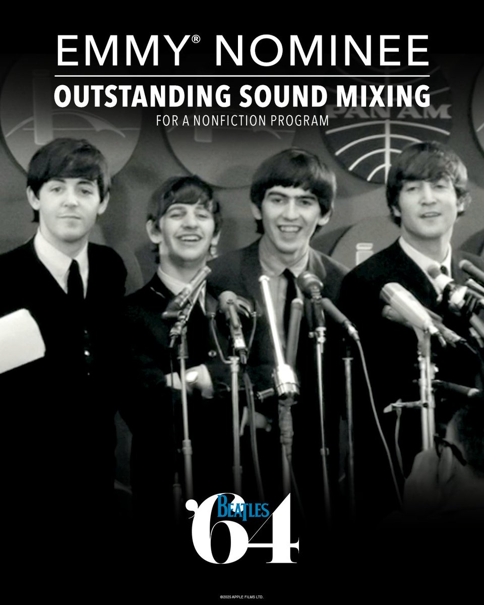 thebeatles's tweet image. Congratulations to the cast and crew of Beatles ’64 on two Emmy® nominations from @TelevisionAcad - Outstanding Sound Editing for a Nonfiction or Reality Program and Outstanding Sound Mixing for a Nonfiction Program. #Emmys @johnlennon @PaulMcCartney @GeorgeHarrison…
