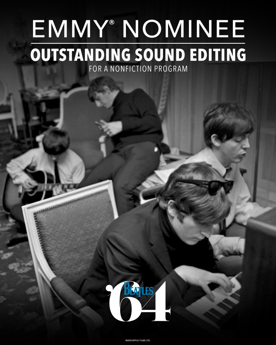 thebeatles's tweet image. Congratulations to the cast and crew of Beatles ’64 on two Emmy® nominations from @TelevisionAcad - Outstanding Sound Editing for a Nonfiction or Reality Program and Outstanding Sound Mixing for a Nonfiction Program. #Emmys @johnlennon @PaulMcCartney @GeorgeHarrison…