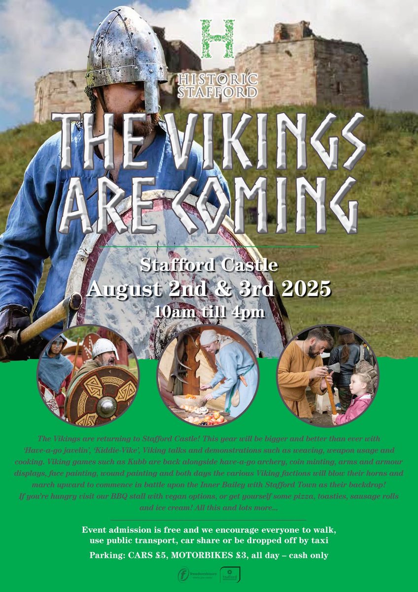 Just two weeks until the biggest hoard yet of Vikings invade Stafford Castle!

📍 Stafford Castle
🗓 Saturday 2nd and Sunday 3rd August
🕰 11am to 4pm
💻 historicstafford.co.uk/whatson-event/…
💵 Free event admission, £5 parking. CASH ONLY.