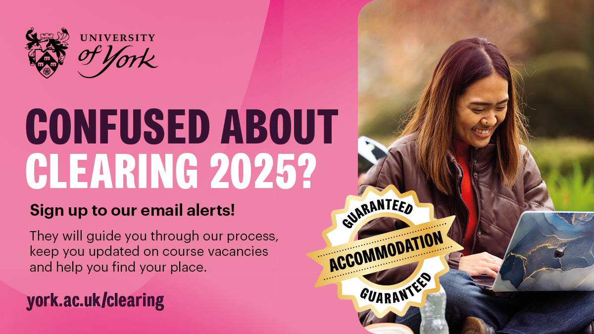 UniOfYork's tweet image. It’s not too late to find your place - Clearing 2025 will be here for you! 📅✨
To help feel prepared, sign up for Clearing alerts to make sure you’re the first to know about our vacancies at our wonderful University: tinyurl.com/2s43k85h