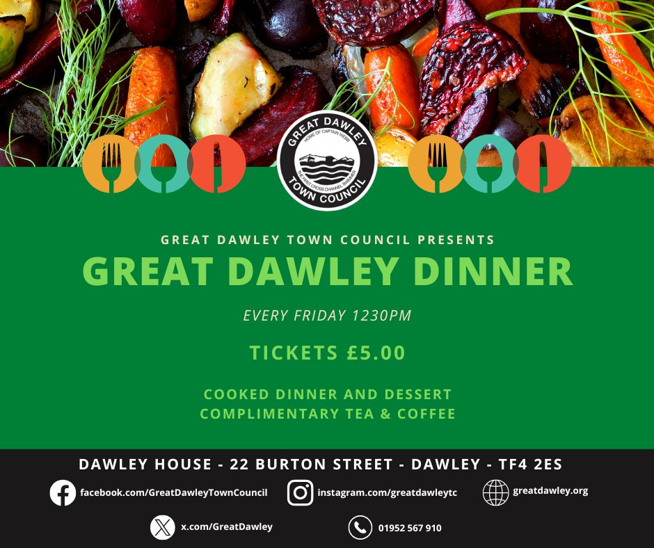 🍴 It's Dawley Dinner Day! Join us at Dawley House today at 12pm for a delicious lunch.
We've got Glazed Gammon or Veg Quiche on the menu today— all for just £5, which also includes dessert and tea &amp; Coffee! Don't miss out!