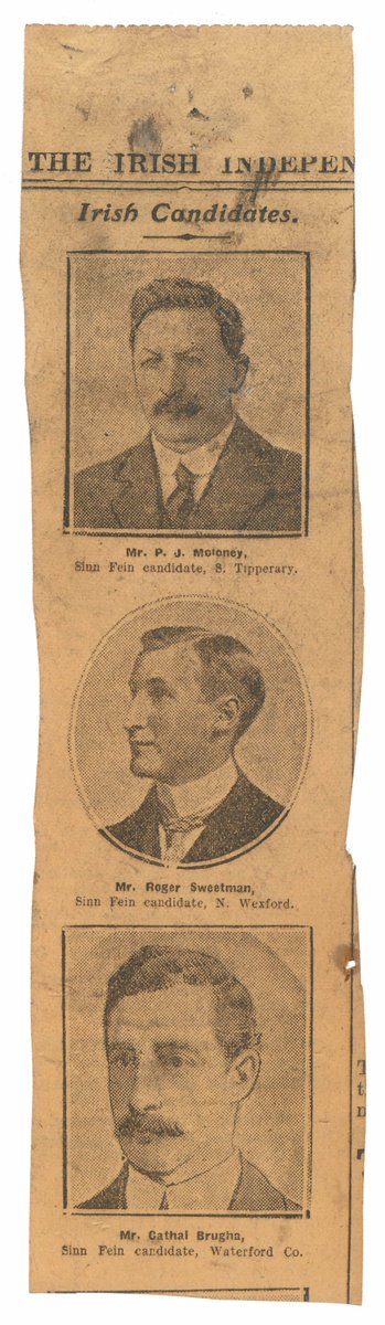 The revolutionary and politician Cathal Brugha was born #OTD, 18 July 1874. A veteran of the 1916 Rising, this clipping from The Irish Independent of 11 December 1918 shows him as the Sinn Féin candidate for Waterford in the momentous 1918 Election. 1/2