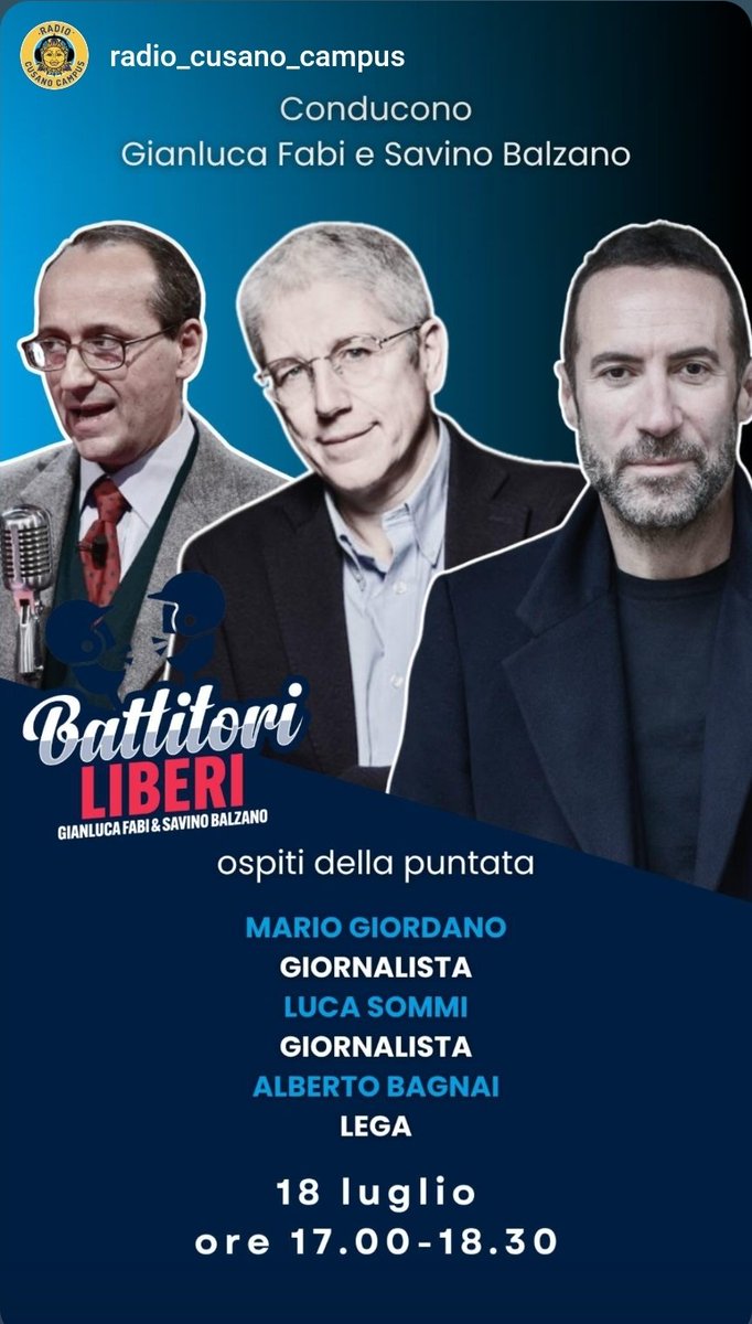 SavinoBalzano's tweet image. Abbiamo tantissime cose di cui parlare.
Se vi fa piacere, ci ritroviamo più tardi con tre grandi ospiti che ringrazio: @AlbertoBagnai, @mariogiordano5, @lucasommi72.
#BattitoriLiberi, dal lunedì al venerdì, dalle 17 su #RadioCusanoCampus.
