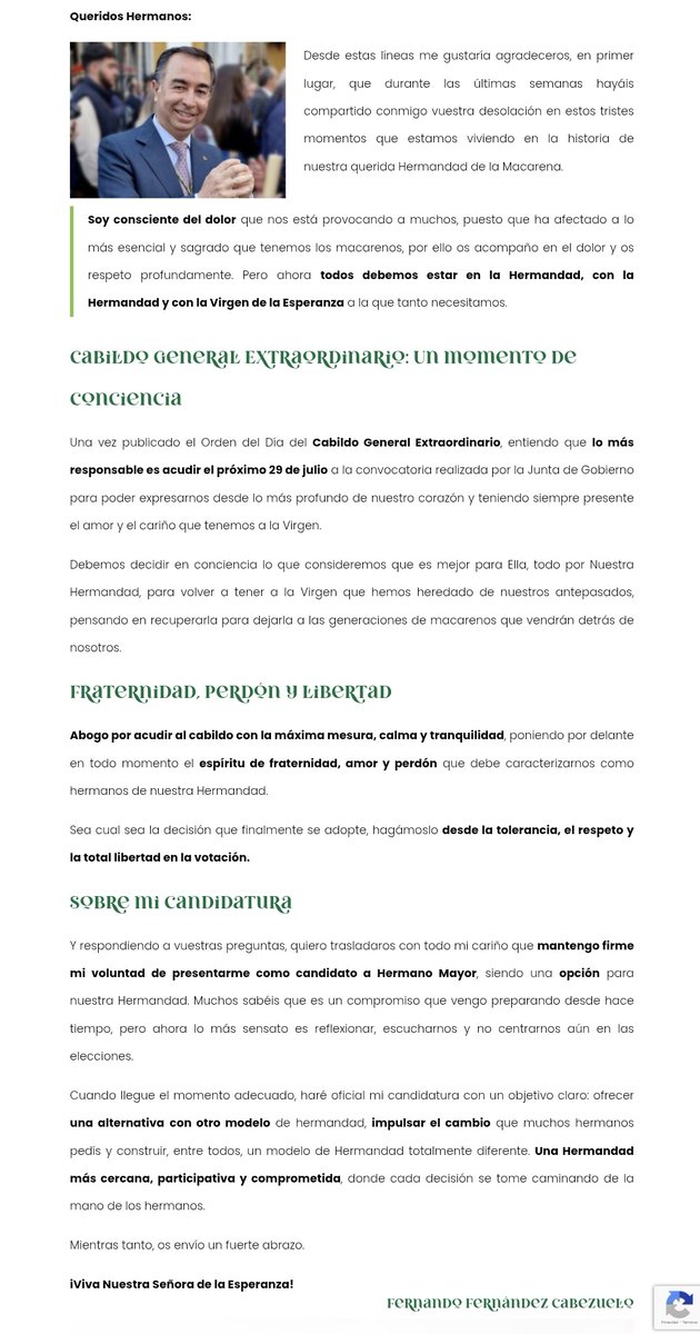 🔴 ÚLTIMA HORA: Primera carta del futuro candidato a HM de la Macarena, Fernando Fernández Cabezuelo.

🗣 "Nuestro objetivo es ofrecer una alternativa con otro modelo de hermandad, impulsar el cambio que muchos pedís y construir un modelo de Hermandad totalmente diferente".