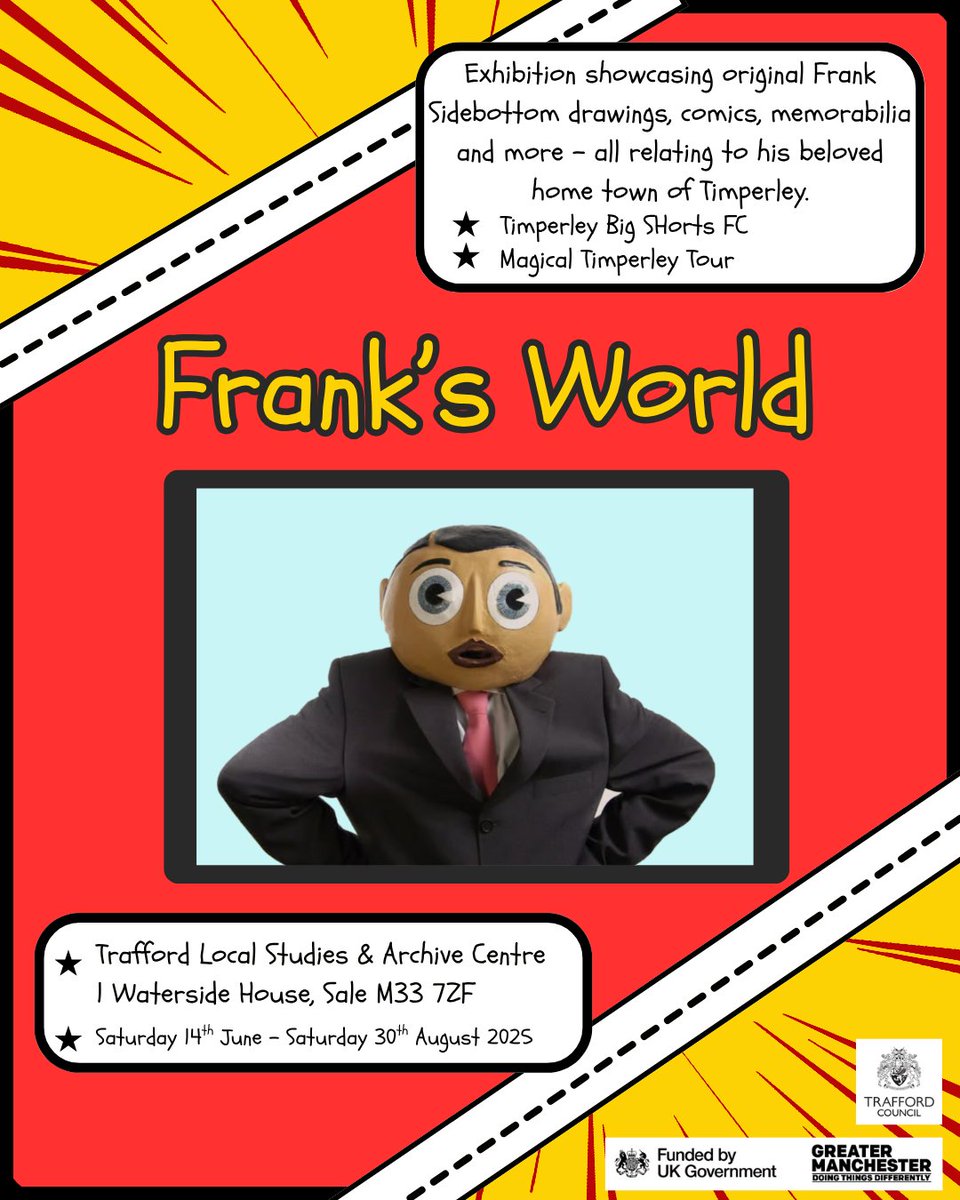 TraffordArchive's tweet image. Come and see our wonderful "Frank's World" exhibition
Opening hours: Mondays 10am -7pm, 10am to 5pm Tuesday to Friday and 10am to 4pm on Saturdays.
Trafford Local Studies, Sale Library
Free Entry
#franksidebottom #chrissievey #timperley