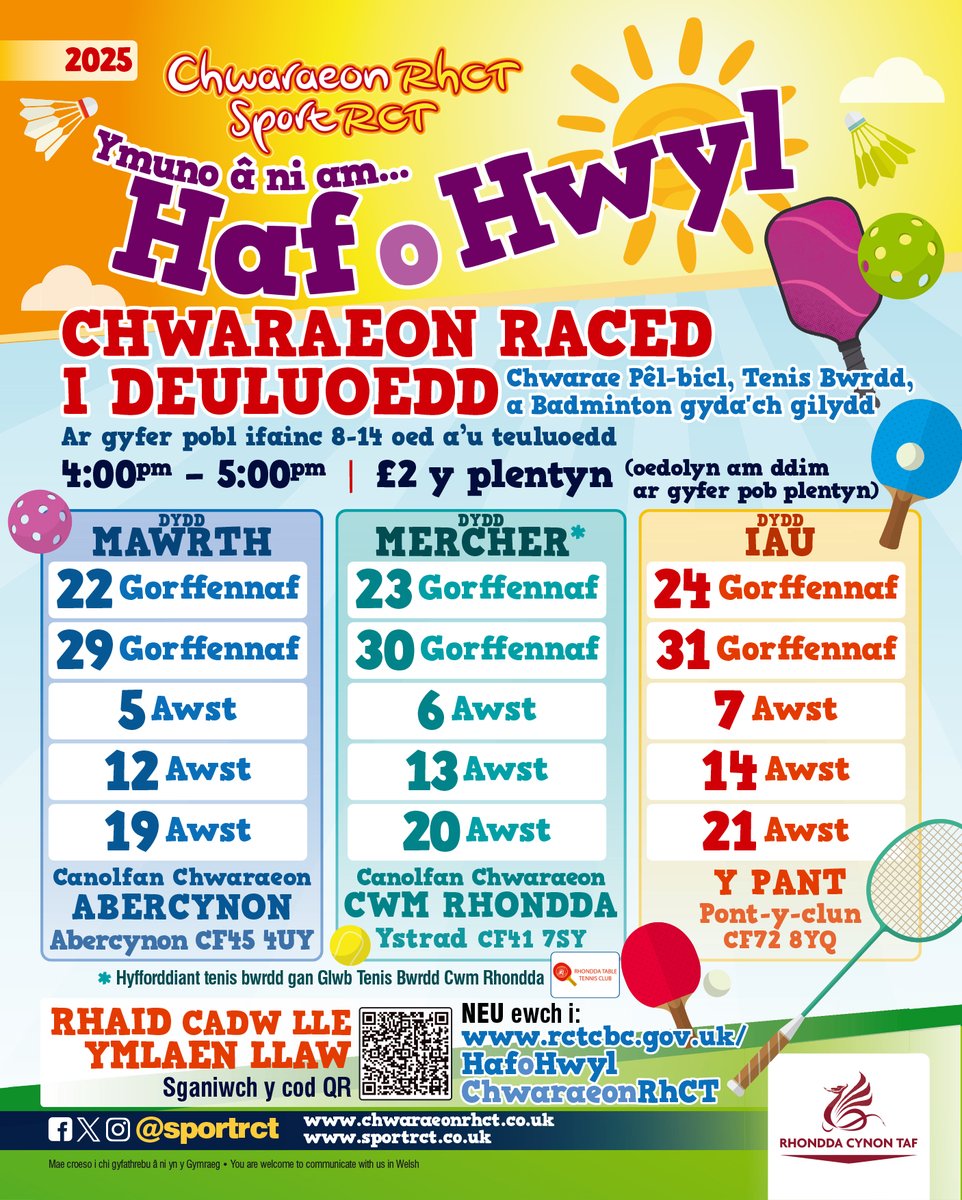 ☀️Ymunwch â ni'r haf yma i chwarae chwaraeon raced gyda’r teulu!☀️

🏸Dewch i chwarae Badminton, Pickleball a Thenis Bwrdd
📍Abercynon, Ystrad a Phontyclun
‍‍‍👨‍👩‍👧‍👦£2 fesul plentyn (1 oedolyn am ddim fesul plentyn)

Am fanylion llawn neu i gadw lle, ewch i orlo.uk/JCfJ4