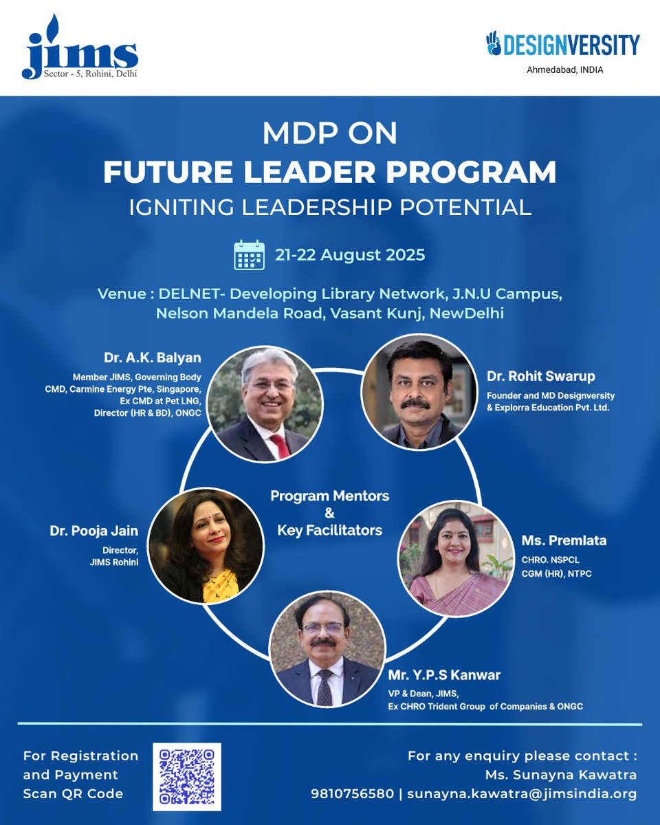 JIMS Rohini, in collaboration with Designversity presents a dynamic Management Development Program, on FUTURE LEADER PROGRAM - Igniting Leadership Potential on 21-22 August 2025 at DELNET, JNU Campus, Vasant Kunj, New Delhi. 

#mdp #leadershipprogram #jimsrohini
