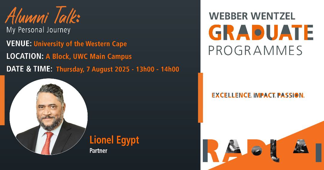 webberwentzel's tweet image. We’re proud to sponsor the upcoming UWC Alumni Talk, hosted by the University of the Western Cape on 7 August 2025.
Lionel Egypt, Partner, will be speaking at the event, sharing his personal journey in the legal profession.
This is a valuable opportunity to connect, reflect,…