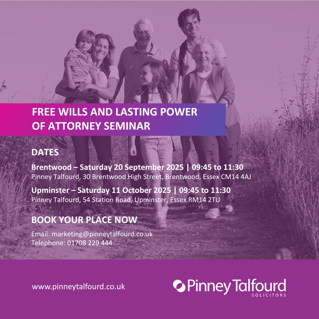 Join us this autumn for one of our popular Wills &amp; Lasting Power of Attorney Seminars in Brentwood or Upminster.

Click here to find out more: eu1.hubs.ly/H0lMdff0 

#Wills #LastingPowerOfAttorney #LPA #FuturePlanning #PrivateClient #Brentwood #Upminster #Essex