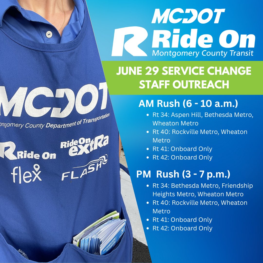 RideOnMCT's tweet image. Ride On staff will be at bus stops daily through July 18 to help riders navigate routes impacted by the June 29 service change. Find our representatives in blue MCDOT aprons in the AM & PM rush weekdays and mid-day on weekends.