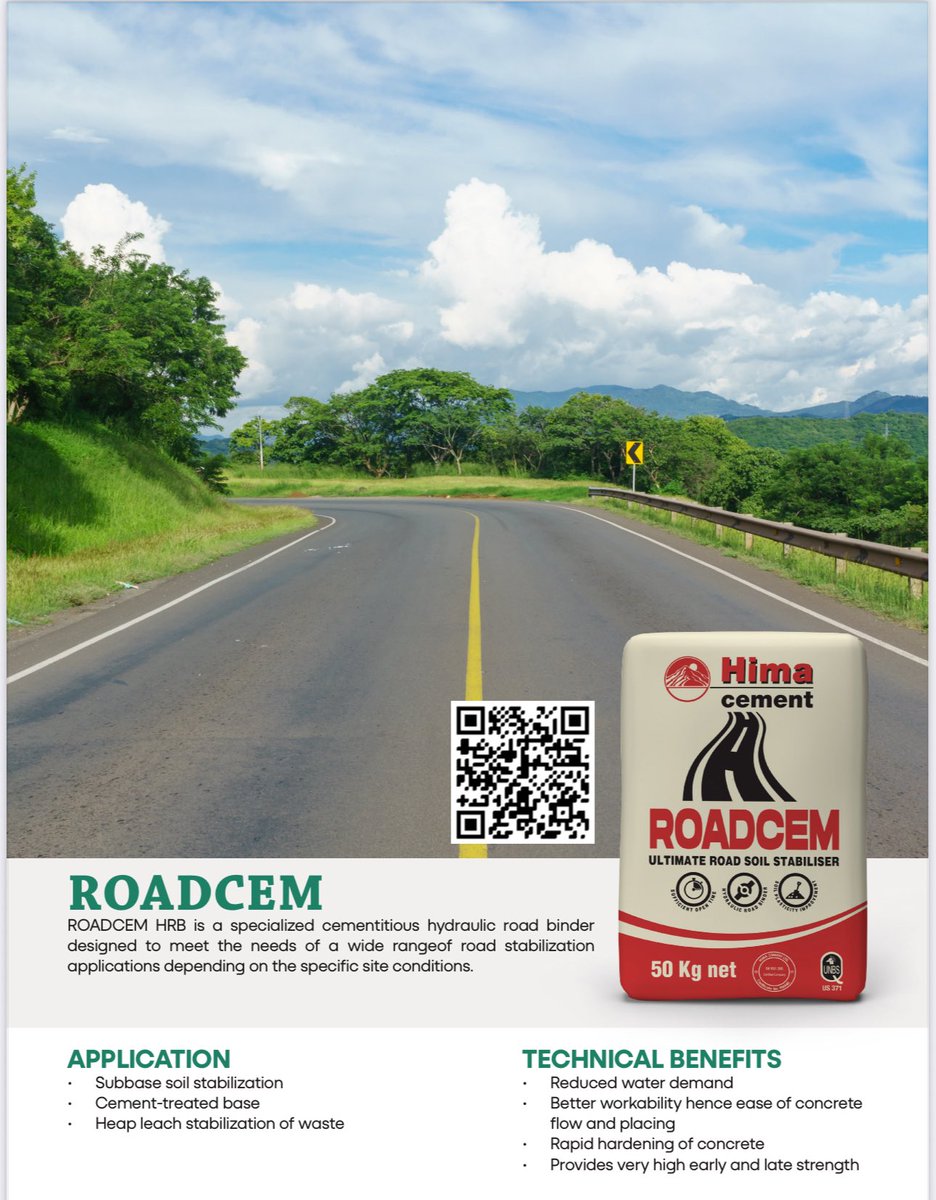 JBNyamate's tweet photo. For roads that stand the test of time,choose #RoadCem,the specialized hydraulic binder from @HimaCement. It’s engineered to stabilize subbase soil &amp;cement-treated bases even in challenging site conditions. RoadCem is more than cement,it’s the backbone of tomorrow’s infrastructure https://t.co/Z1tD85YAYd