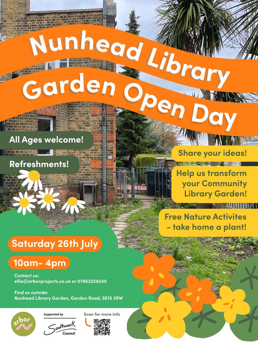 SouthwarkLibs's tweet image. Next Saturday July 26th come along to share your ideas about what you would like the Library Community Garden to be and join in some fun activities throughout the day.
Free refreshments, the Nunhead Community Choir and talks and activities.
orlo.uk/Z8Xw2