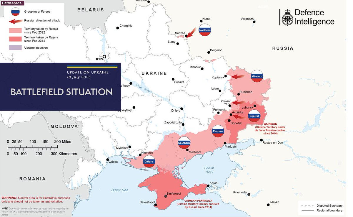 DefenceHQ's tweet image. The illegal and unprovoked invasion of Ukraine is continuing.
The map below is the latest Defence Intelligence update on the situation in Ukraine – 18 July 2025.
#StandWithUkraine 🇺🇦