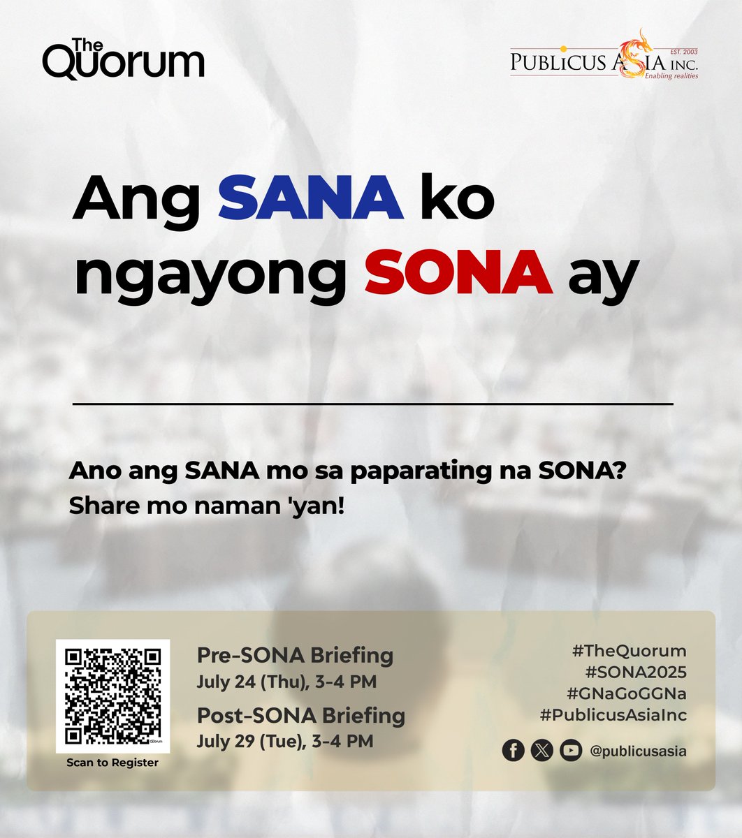 publicusasia's tweet image. 𝗧𝗮𝗺𝗮 𝗻𝗮 𝗮𝗻𝗴 𝗦𝗮𝗻𝗮 𝗔𝗹𝗹!
Ano ang inaasahan mong marinig o matutukan ng gobyerno ngayong taon?
𝗔𝗻𝗼 𝗮𝗻𝗴 𝗦𝗔𝗡𝗔 𝗺𝗼 𝘀𝗮 𝗽𝗮𝗽𝗮𝗿𝗮𝘁𝗶𝗻𝗴 𝗻𝗮 𝗦𝗢𝗡𝗔? Share mo naman 'yan!
📷I-scan ang QR code o mag-register sa link na ito (bit.ly/TheQuorum2025-…)…