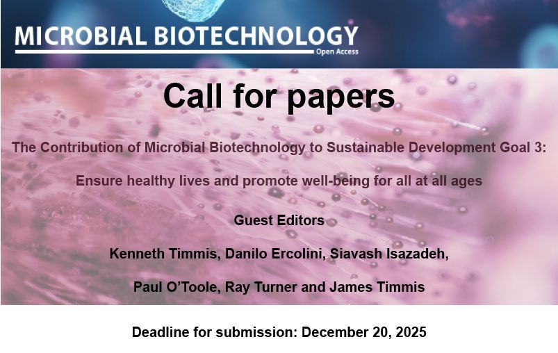 MicrobialBiote1's tweet image. Special Issue on “The Contribution of Microbial Biotechnology to Sustainable Development Goal 3: Ensure healthy lives and promote well-being for all at all ages". Submit your manuscript online at: mc.manuscriptcentral.com/microbio. Deadline 📆 20 December 2025. Thanks for RT