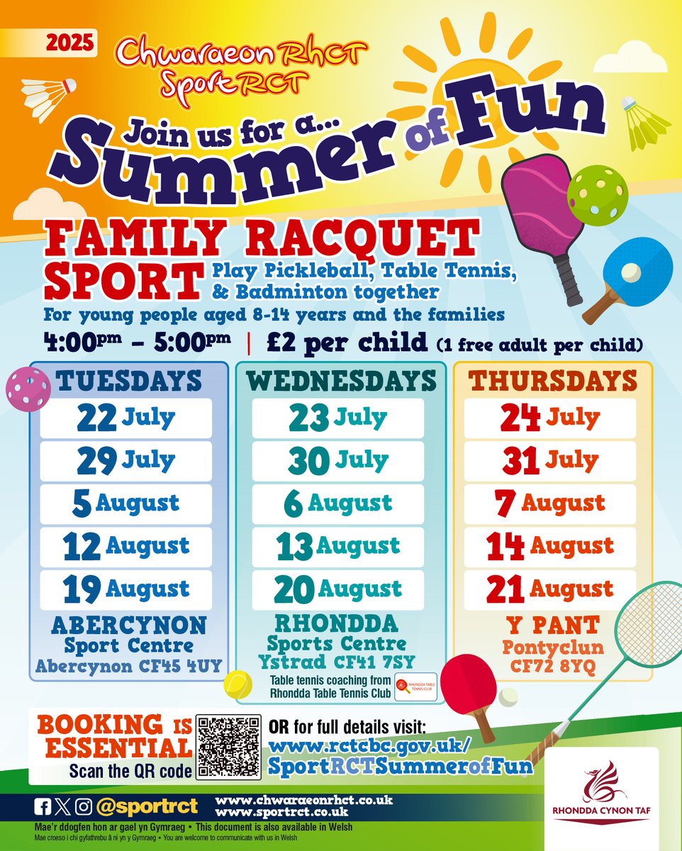 ☀️Join us this summer to play racquet sports together as a family!☀️

🏸Play Badminton, Pickleball and Table Tennis
📍Abercynon, Ystrad and Pontyclun
👨‍👩‍👧‍👦Pay £2 per child (1 free adult per child)

For full details or to book, visit orlo.uk/smnDn