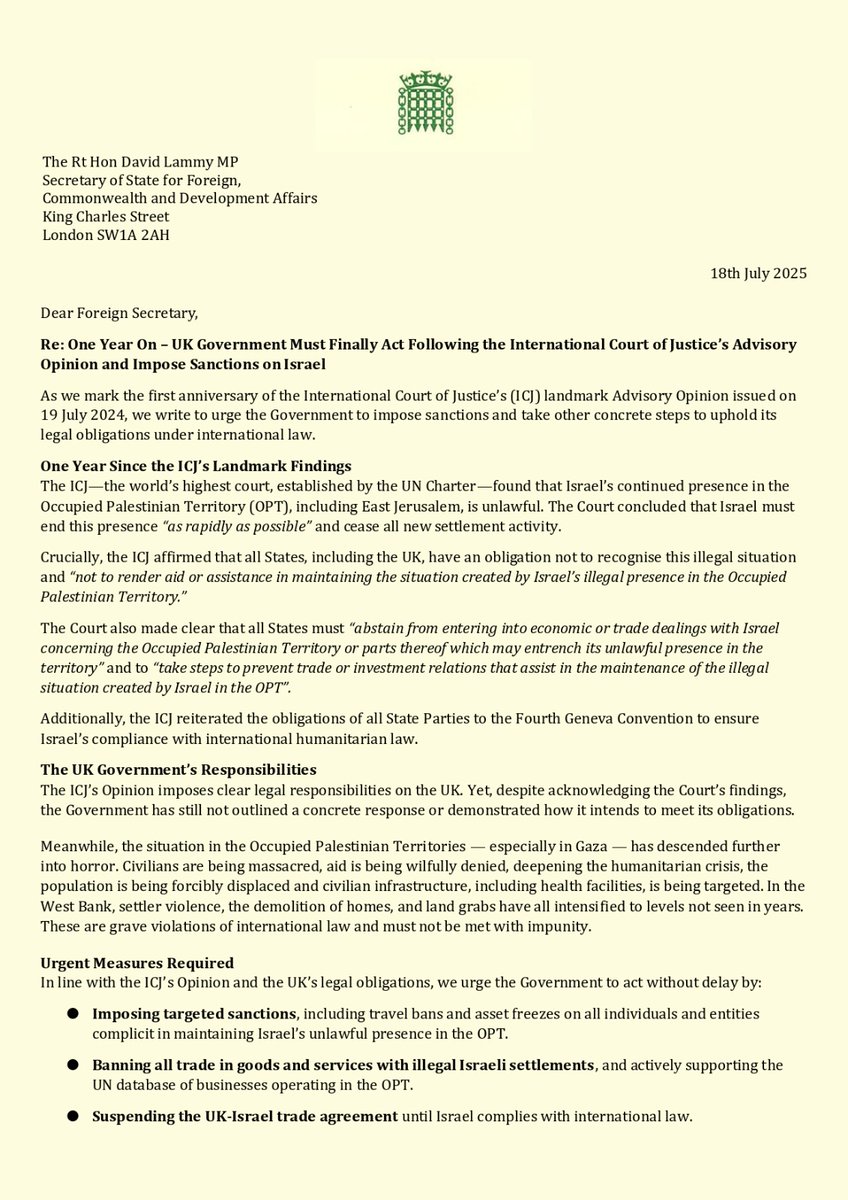 RichardBurgon's tweet image. With @Imran_HussainMP and over 80 other MPs and Lords from 9 parties, I've written to the Foreign Secretary calling for widespread sanctions on Israel including:
▪️ Sanctions on Israel's economy
▪️ A ban on trade with illegal Israeli settlements
▪️ A full arms embargo