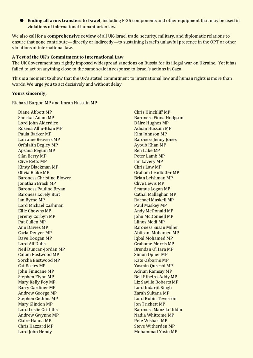 RichardBurgon's tweet image. With @Imran_HussainMP and over 80 other MPs and Lords from 9 parties, I've written to the Foreign Secretary calling for widespread sanctions on Israel including:
▪️ Sanctions on Israel's economy
▪️ A ban on trade with illegal Israeli settlements
▪️ A full arms embargo