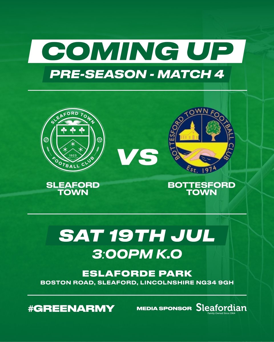 Final Pre-Season Fixture! 📢

We’re back at Eslaforde Park this Saturday for our last test before the season kicks off!

🆚 <a href="/BottesfordTown/">Bottesford Town FC</a> 
📅 Sat 19th July
🕒 3PM K.O
📍 Eslaforde Park (NG34 9GH)
🎟 Adults £4 | Concessions £2 | U16's FREE

#SleafordTown #GreenArmy #PreSeason