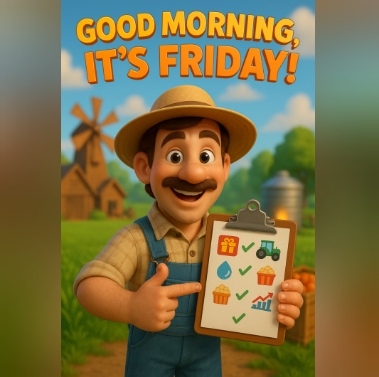 🌾 Good Morning, Farmers! It’s Friday! 🌞

Time to wrap up the week with joy and rewards! Here’s what you can do today:

🍿 Watch an Ad – Get instant boosts and surprise bonuses!
🚜 Harvest Your Fields – Don’t let those crops go to waste!
💧 Check Your Water Tank – Extra boost is