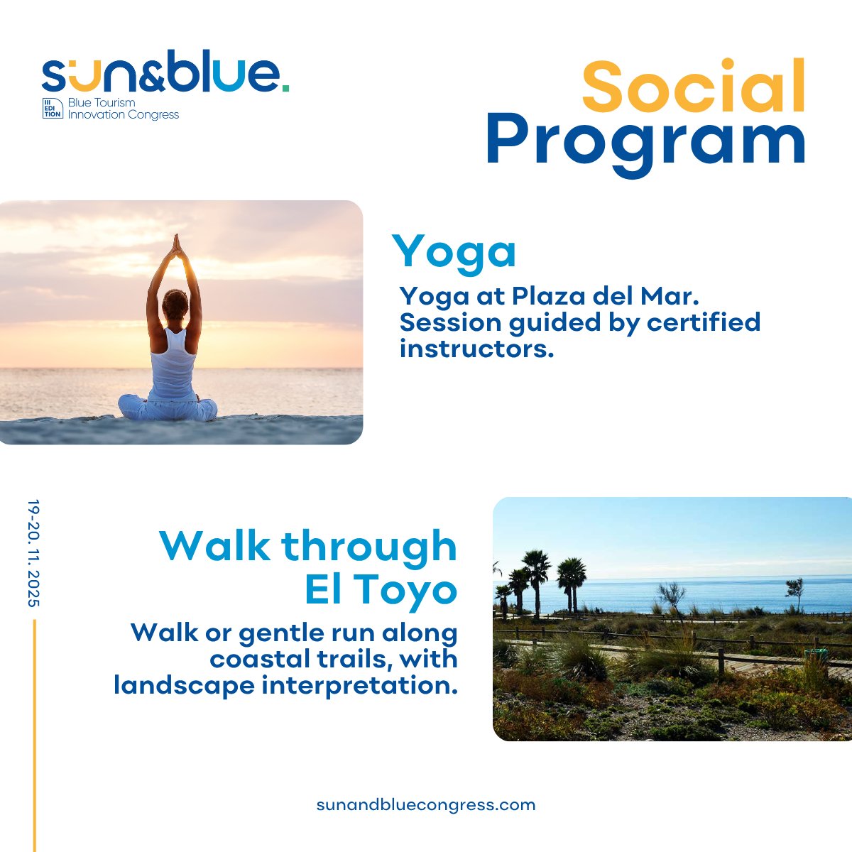 🧘‍♂️ This year at #sunandbluecongress we want you to live a unique experience.
🚶‍♀️ We have prepared social activities for you to reconnect, relax and continue bringing the best of you outside the official program.
🤔 Do you want to know some of them?
💙 Because this third edition is