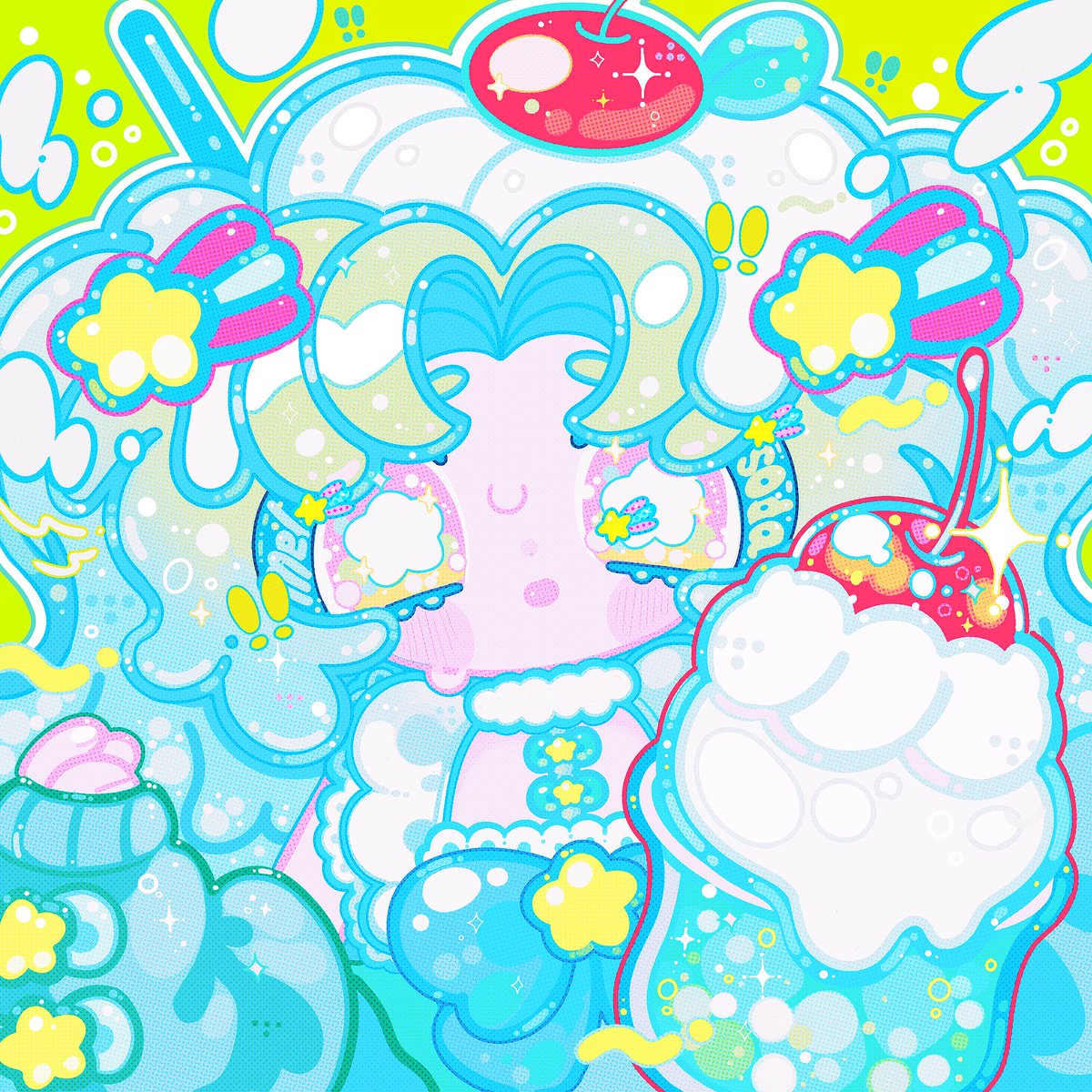 WORLD8383's tweet image. しゅわっと弾けるめろんそーだ💚🍈🫧🍒
#illustration #イラスト