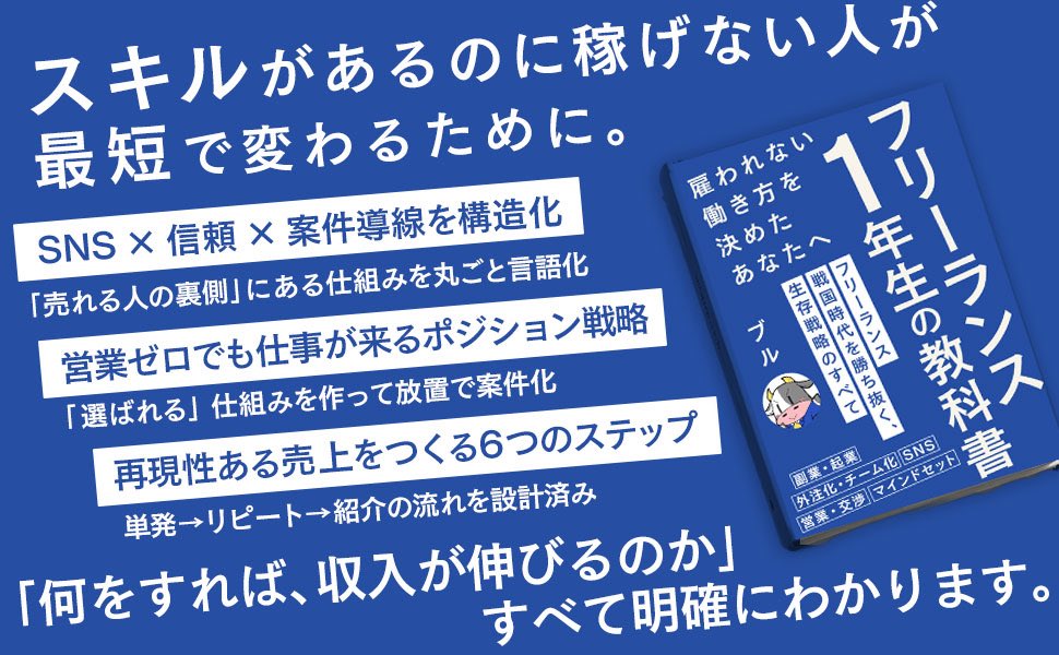 bullsan44's tweet photo. 【ご報告】
7月26日(土)に初書籍をKindleで出版します

『雇われない働き方を決めたあなたへ-フリーランス1年生の教科書』

フリーランスが勝ち残るために必要な話を
この一冊に全て詰め込みました。

案件が止まらない状況の作り方や暇で収入もある状態になる方法についてもポロりと公開しております。お楽しみに！

また詳細は後日ポストしますが現時点で興味ある！読みたい！って人はいいねやコメントしてくれると嬉しいです