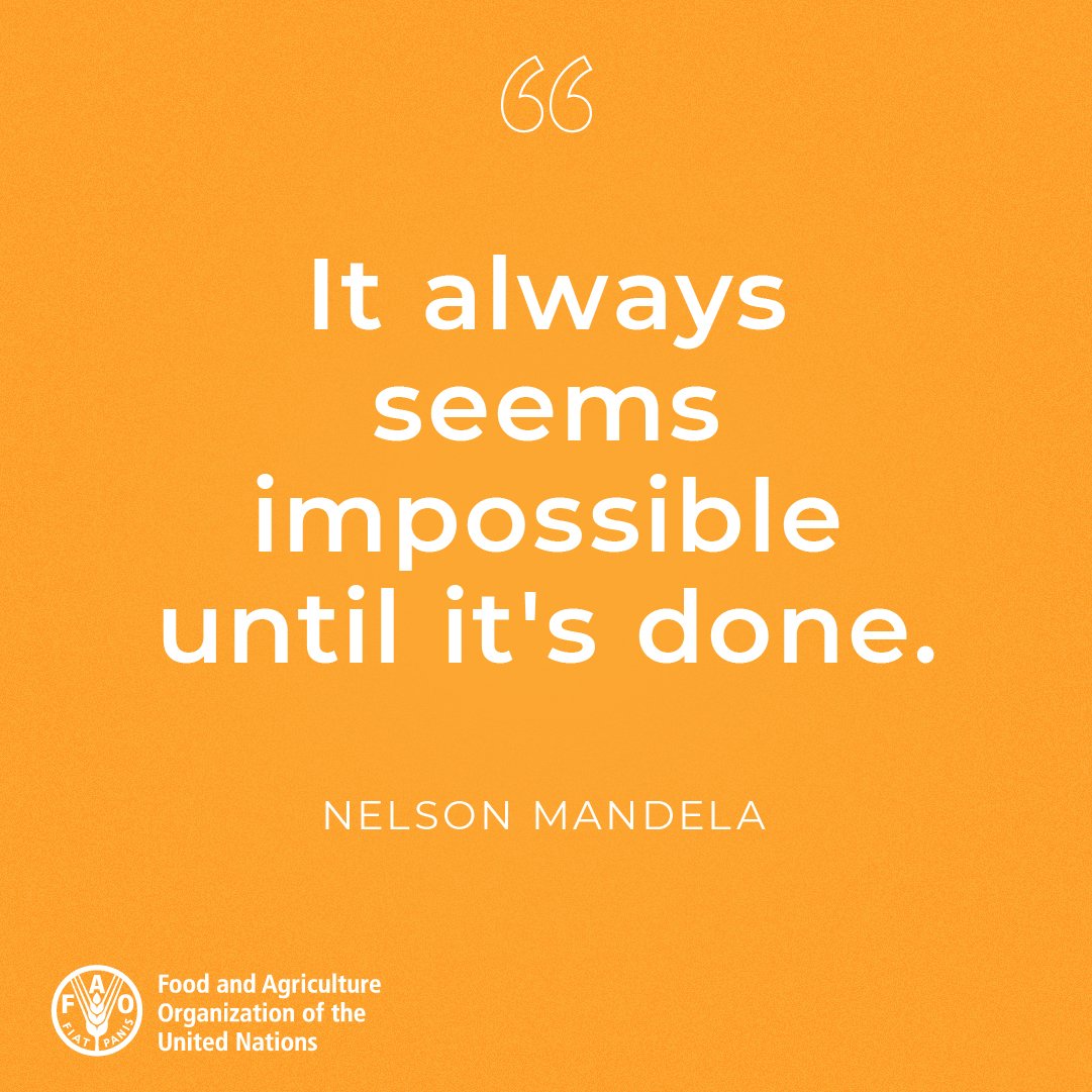 FAODG's tweet image. On #MandelaDay and every day, let’s remember his words, “It always seems impossible until it's done.” We can and must work together hand in hand for better foods and a better future for all, leaving no one behind. Our choices today will shape the world of tomorrow. #4Betters