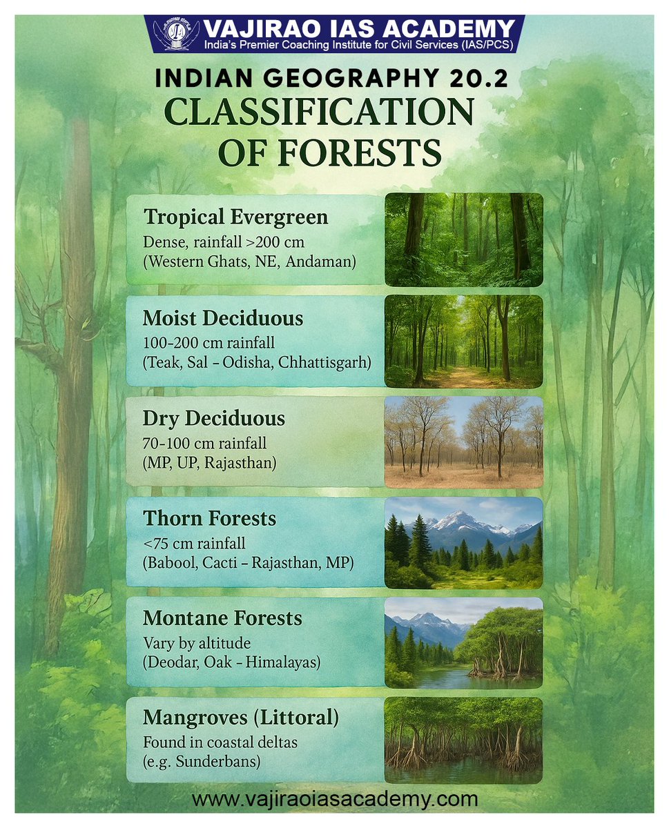 vajiraoias's tweet image. 🌳 Explore India's Forest Diversity!🌳

#ForestTypes #IndianGeography #UPSCPreparation #VajiraoIASAcademy #Environment #ForestsOfIndia #GeographyNotes #CivilServicesExam