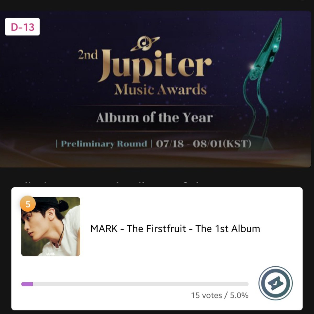 MarkVotingID_'s tweet image. [JUPITER MUSIC AWARD 2025]

Mark has been nominated on JMA 2025.
Category : Album of The Year
🎁 : Trophy Award
Voting Platform : MY1PICK, MUBEAT, PICNIC, FANCAST, MUNIVERSE [Web]
📅 : July 18 - August 1. 13.00 KST

MY1PICK, MUBEAT : 1 Vote = 1🎟
PICNIC : 1 Vote = 3⭐️
FANCAST : 1…
