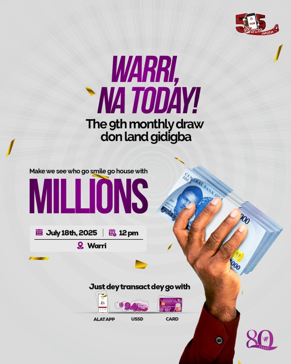 Warri, na today o! 

The 9th monthly draw don land gidigba and e fit be your turn to smile go house with MILLIONS!

Just dey transact, dey go  ALAT App, USSD or Card, na your ticket to win big!

#WemaBank #5for5Promo #WinMillions #ALATWay #5For5Season4